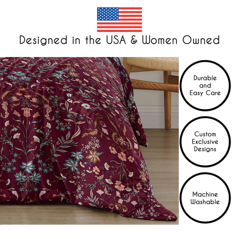 Boho Floral Wildflower Burgundy Red and Orange Collection Queen Duvet Cover Bedding Set