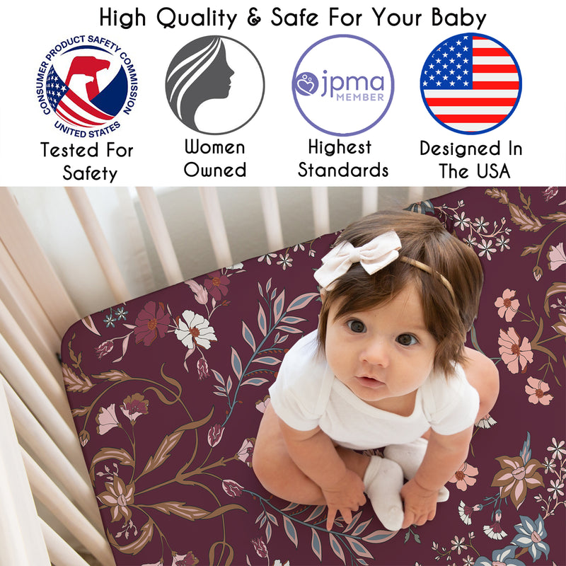 Boho Floral Wildflower Burgundy Red and Orange Collection Crib Sheet