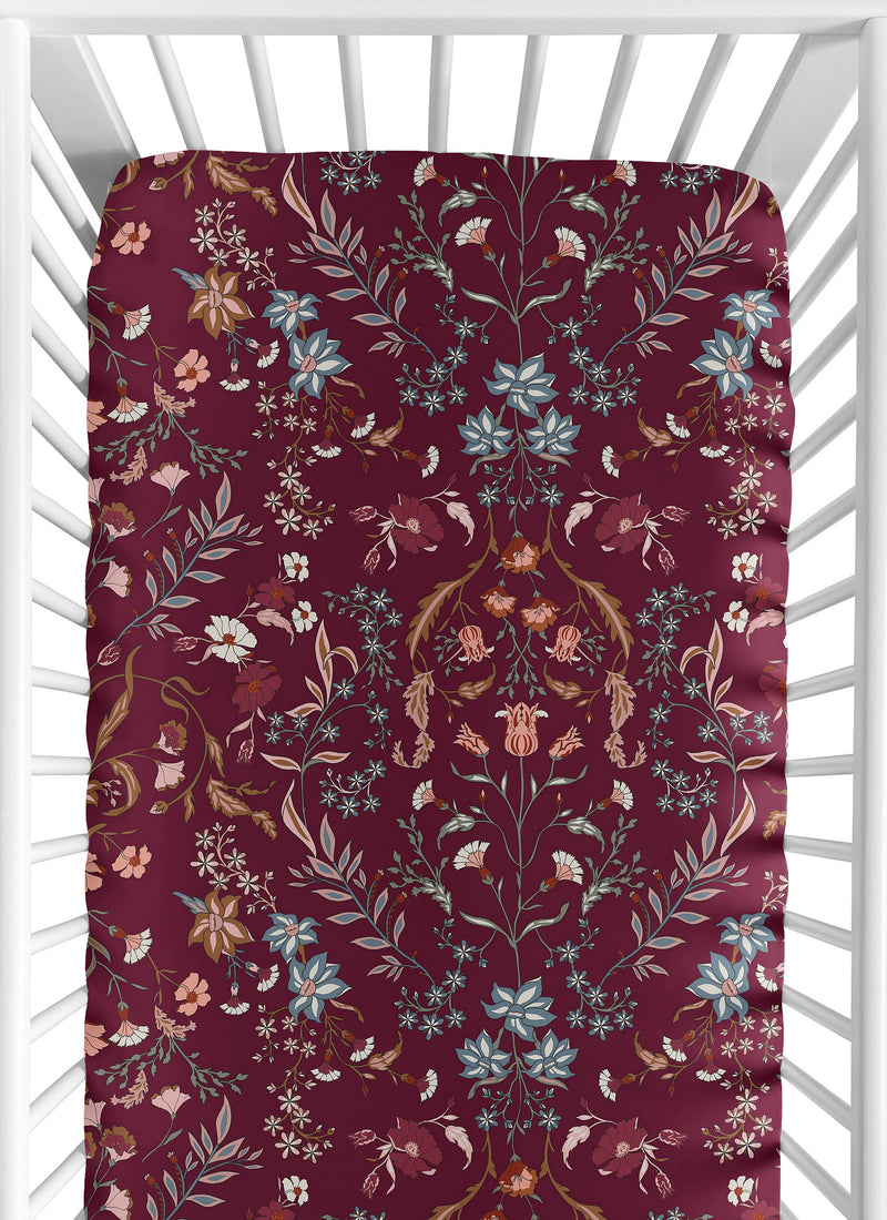 Boho Floral Wildflower Burgundy Red and Orange Collection Crib Sheet