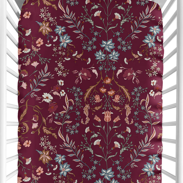 Boho Floral Wildflower Burgundy Red and Orange Collection Crib Sheet