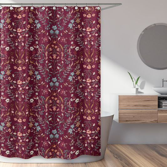 Boho Floral Wildflower Burgundy Red and Orange Collection Shower Curtain