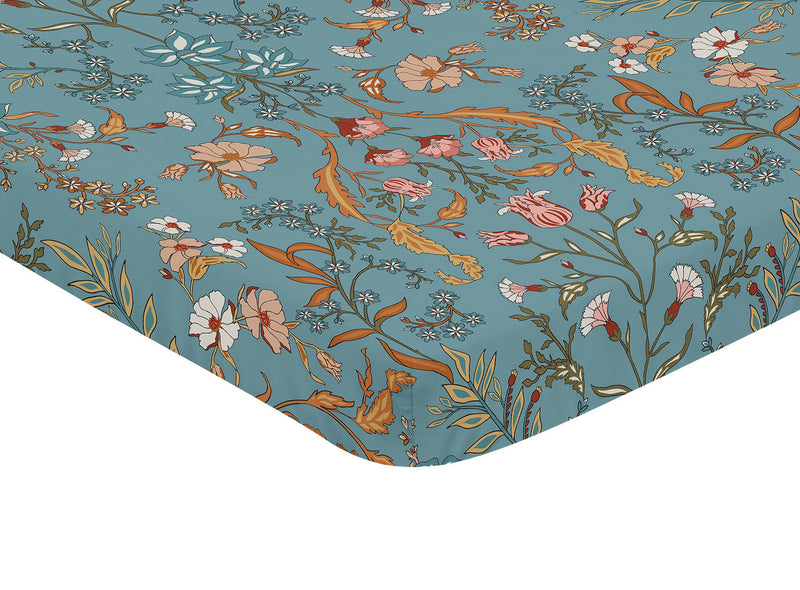 Boho Floral Wildflower Blue and Orange Collection Mini Crib Sheet
