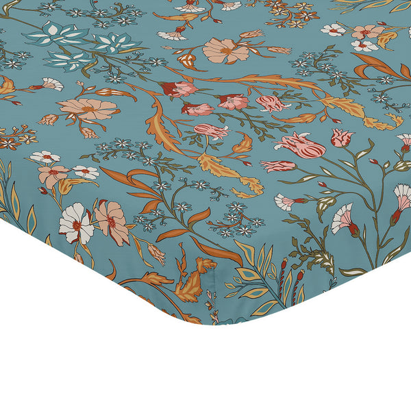 Boho Floral Wildflower Blue and Orange Collection Mini Crib Sheet alternate view