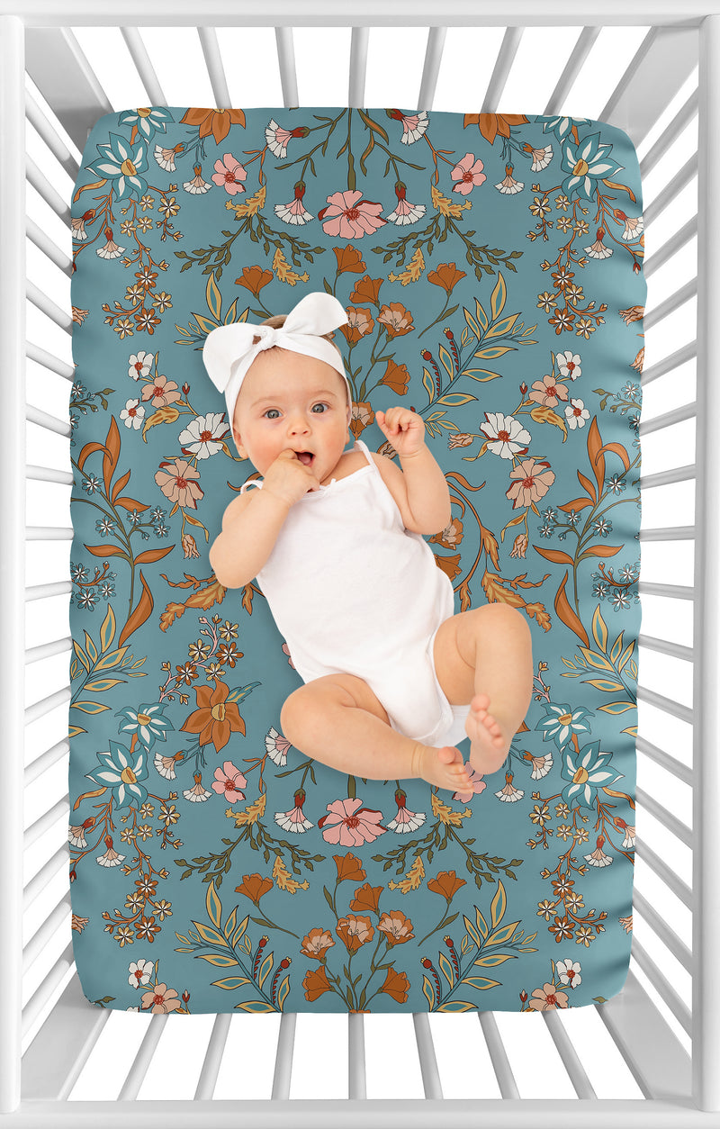 Boho Floral Wildflower Blue and Orange Collection Mini Crib Sheet