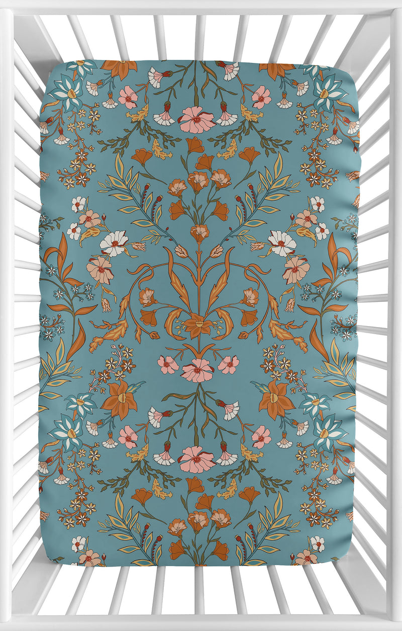 Boho Floral Wildflower Blue and Orange Collection Mini Crib Sheet