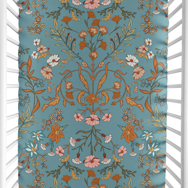 Boho Floral Wildflower Blue and Orange Collection Mini Crib Sheet