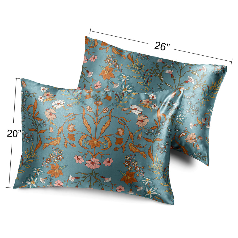 Boho Floral Wildflower Blue and Orange Collection Decorative Satin Pillowcases - 2 Pack Set