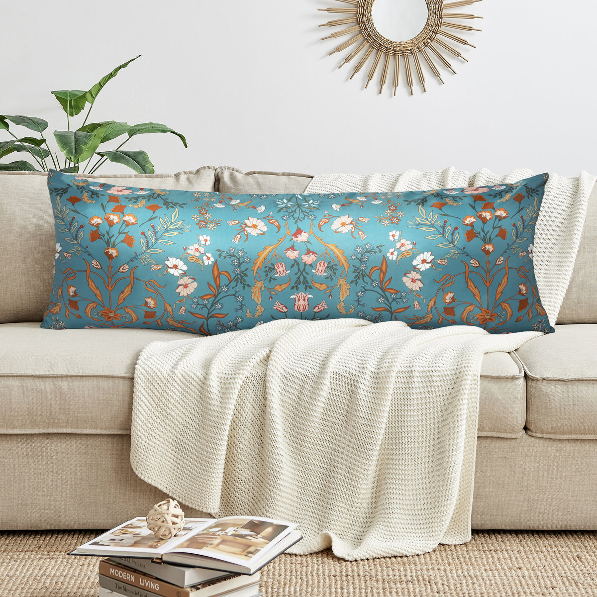 Boho Floral Wildflower Blue and Orange Collection Satin Body Pillow Cover Case