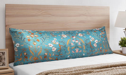 Boho Floral Wildflower Blue and Orange Collection Satin Body Pillow Cover Case