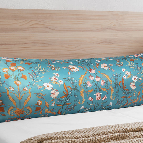 Boho Floral Wildflower Blue and Orange Collection Satin Body Pillow Cover Case alternate view