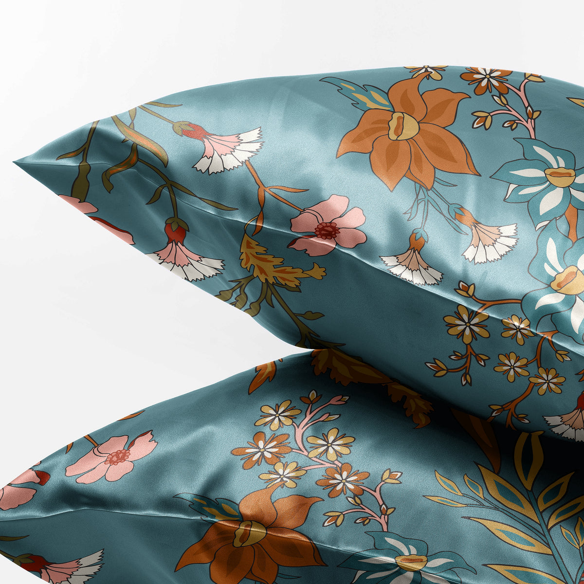 Boho Floral Wildflower Blue and Orange Collection Decorative Satin Pillowcases - 2 Pack Set