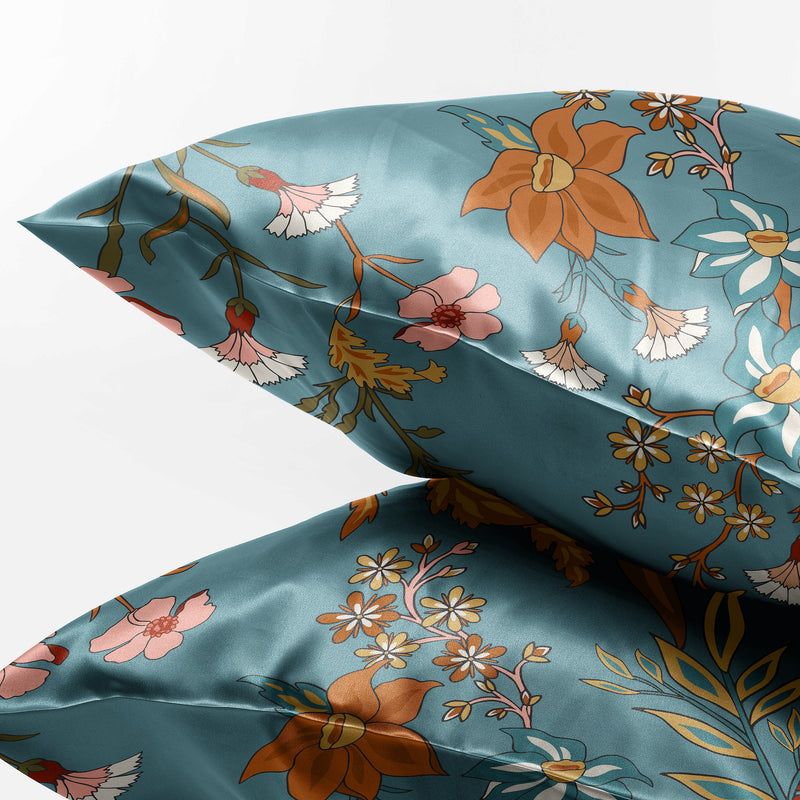 Boho Floral Wildflower Blue and Orange Collection Decorative Satin Pillowcases - 2 Pack Set