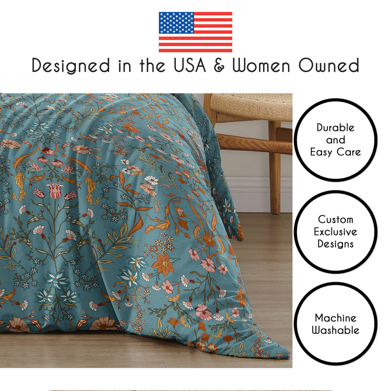Boho Floral Wildflower Blue and Orange Collection Queen Duvet Cover Bedding Set