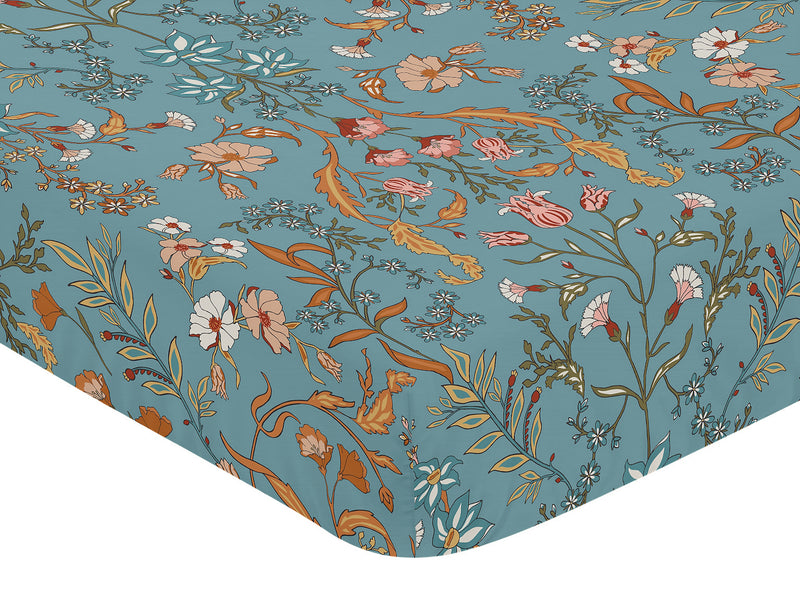 Boho Floral Wildflower Blue and Orange Crib Sheet