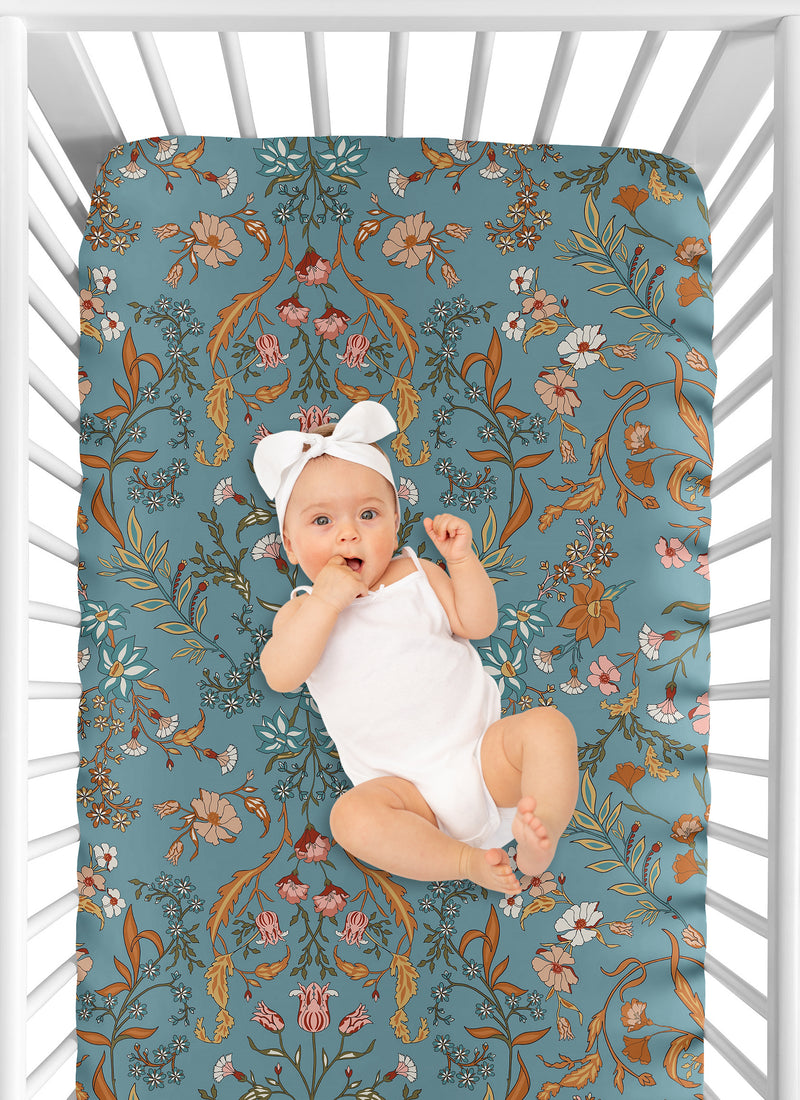 Boho Floral Wildflower Blue and Orange Crib Sheet