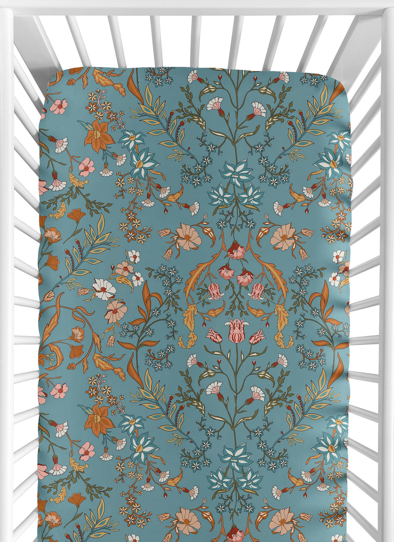 Boho Floral Wildflower Blue and Orange Crib Sheet
