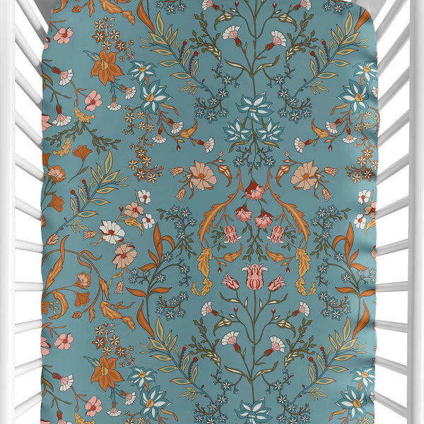 Boho Floral Wildflower Blue and Orange Crib Sheet