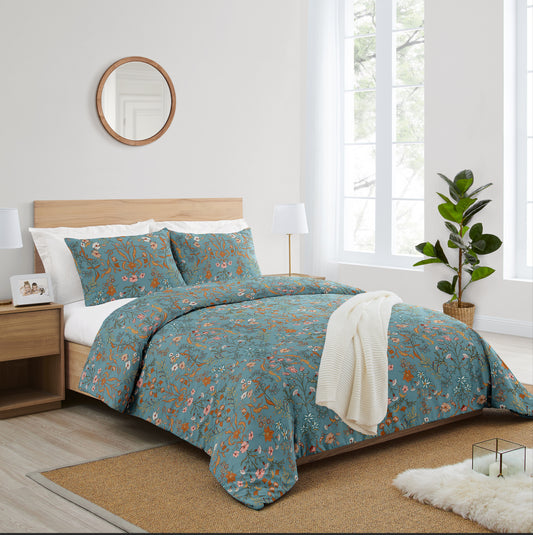 Boho Floral Wildflower Blue and Orange Collection Queen Duvet Cover Bedding Set