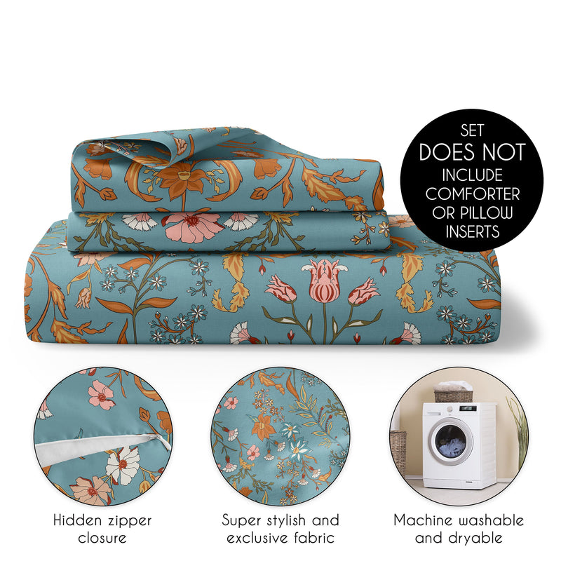 Boho Floral Wildflower Blue and Orange Collection Queen Duvet Cover Bedding Set