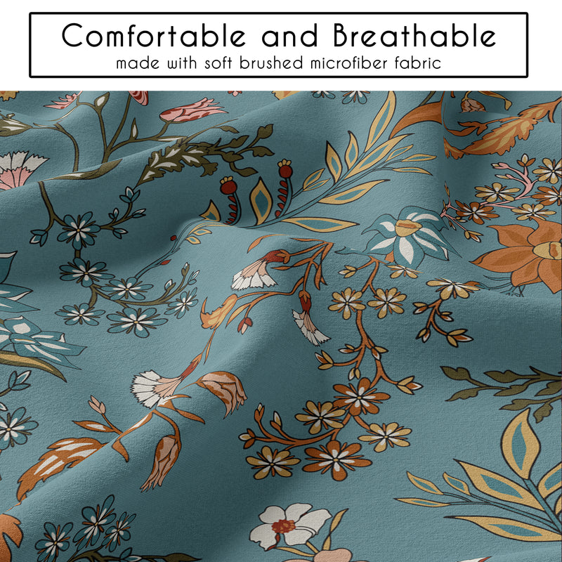 Boho Floral Wildflower Blue and Orange Collection Queen Duvet Cover Bedding Set
