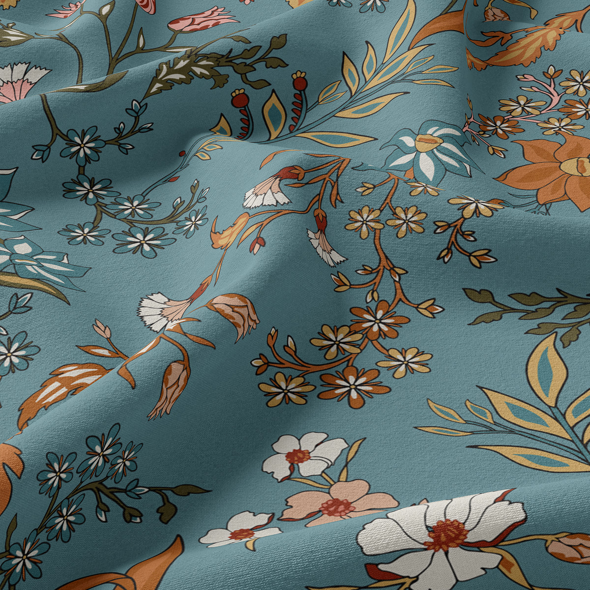 Boho Floral Wildflower Blue and Orange Collection Shower Curtain