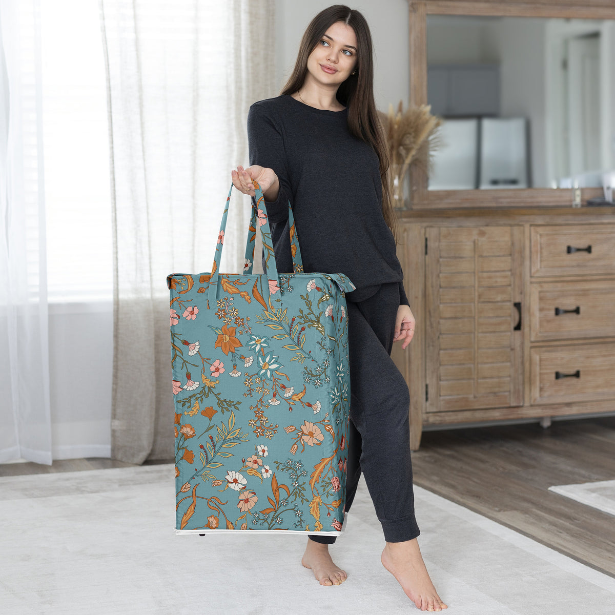Boho Floral Wildflower Blue and Orange Collection Laundry Hamper with Handles
