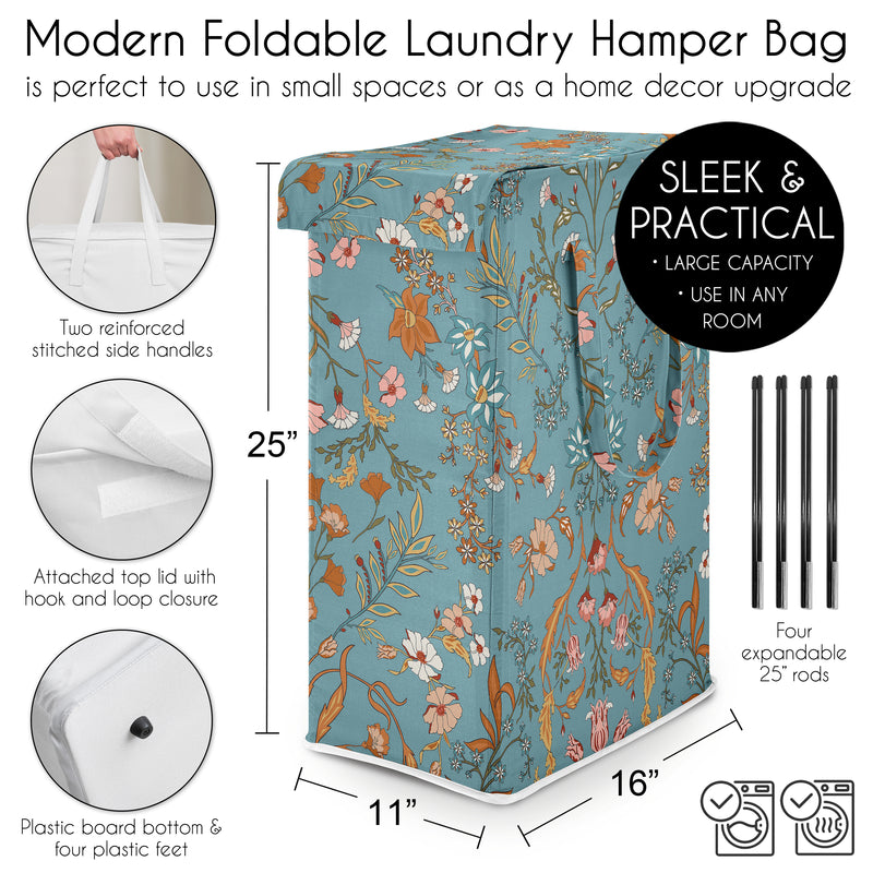 Boho Floral Wildflower Blue and Orange Collection Laundry Hamper with Handles