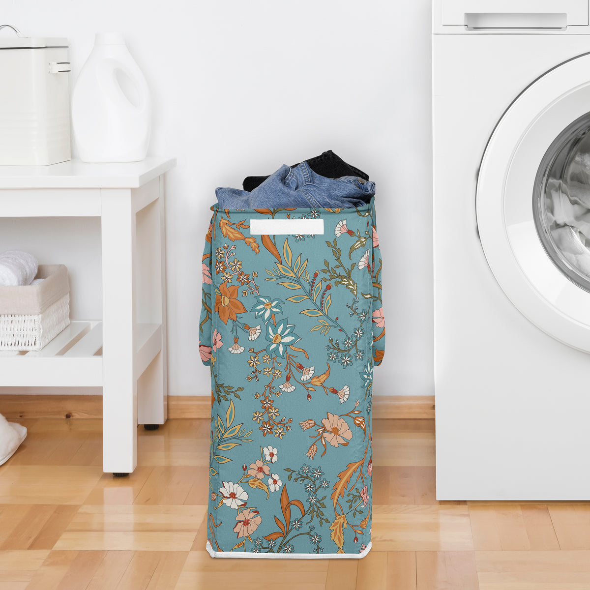 Boho Floral Wildflower Blue and Orange Collection Laundry Hamper with Handles
