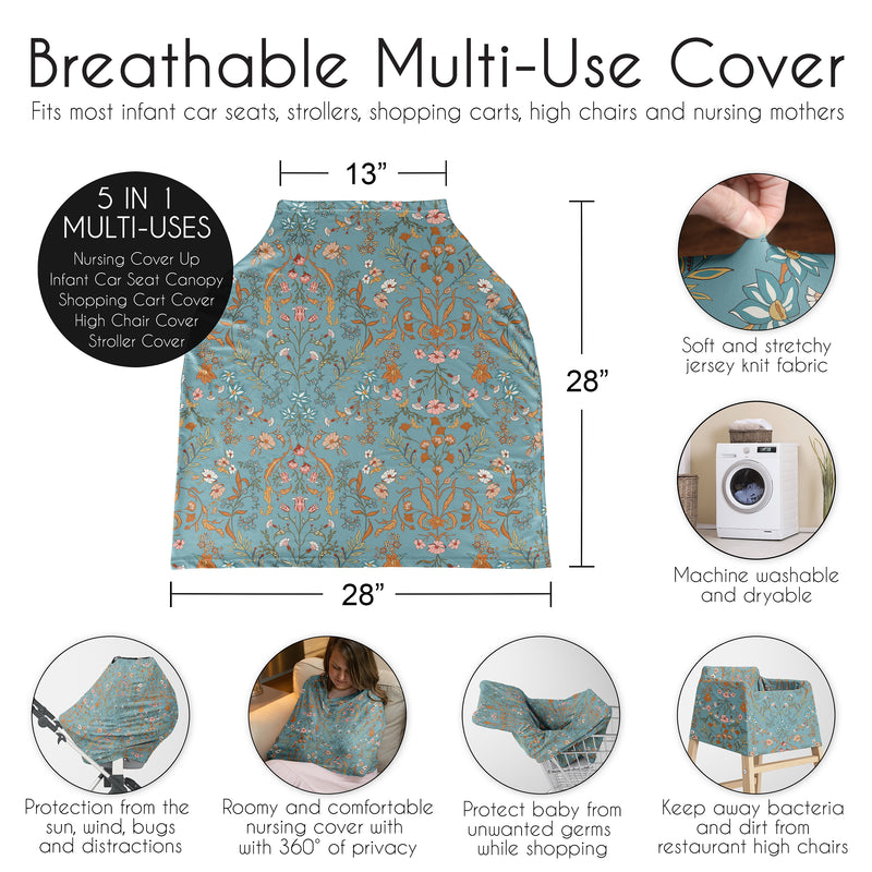 Boho Floral Wildflower Blue and Orange Collection Multi Use Baby Car Seat and Nursing Cover