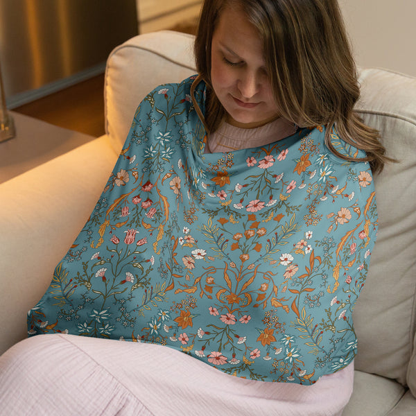 Boho Floral Wildflower Blue and Orange Collection Multi Use Baby Car Seat and Nursing Cover alternate view
