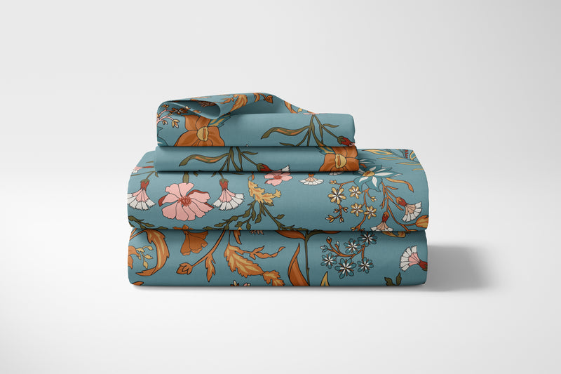 Boho Floral Wildflower Blue and Orange Collection Queen Sheet Set