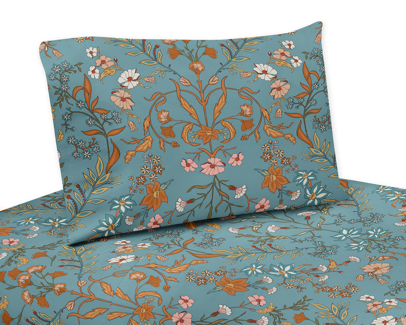Boho Floral Wildflower Blue and Orange Collection Queen Sheet Set