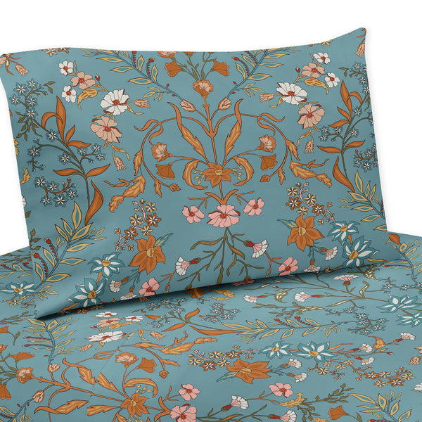Boho Floral Wildflower Blue and Orange Collection Queen Sheet Set