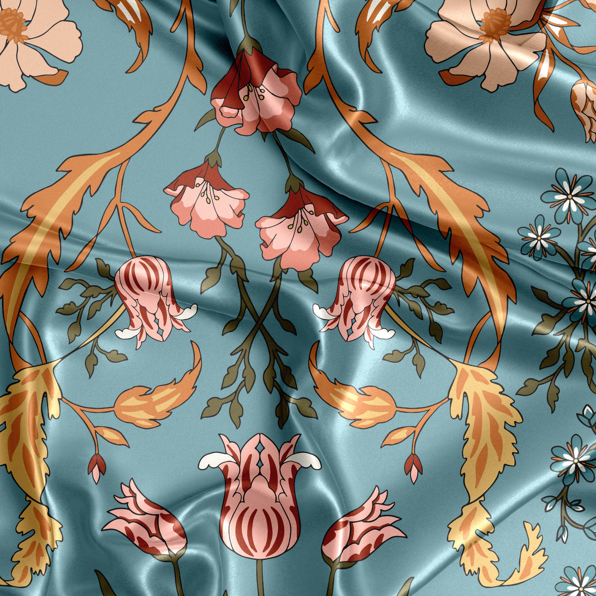 Boho Floral Wildflower Blue and Orange Collection Satin Fitted Crib Sheet