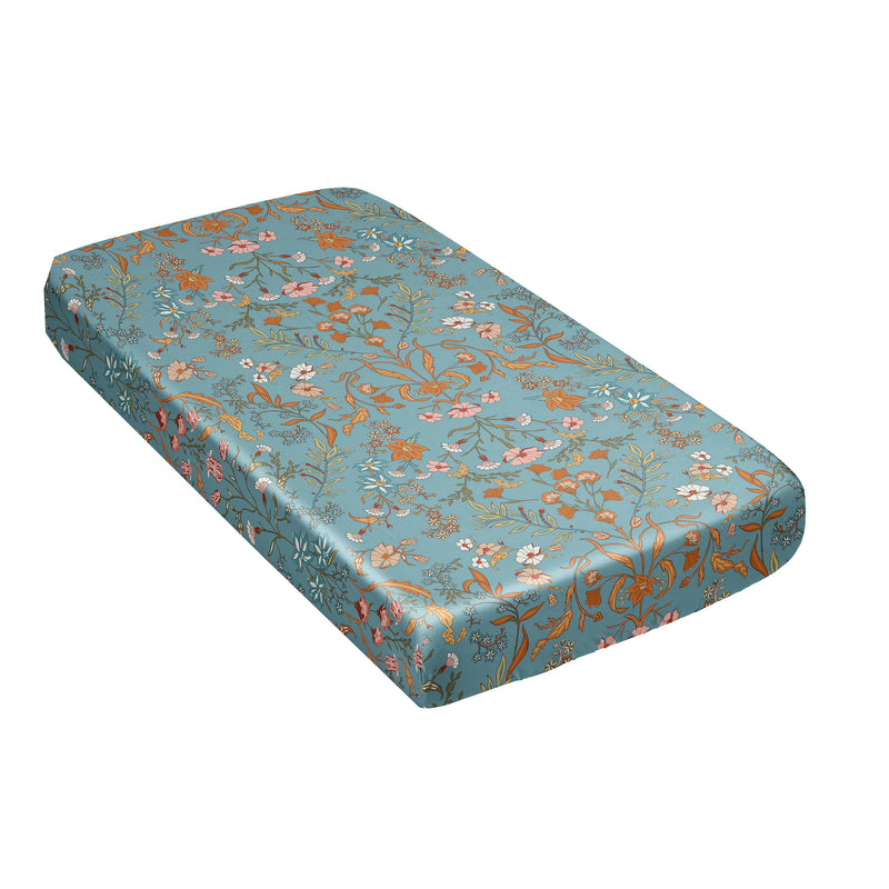 Boho Floral Wildflower Blue and Orange Collection Satin Fitted Crib Sheet