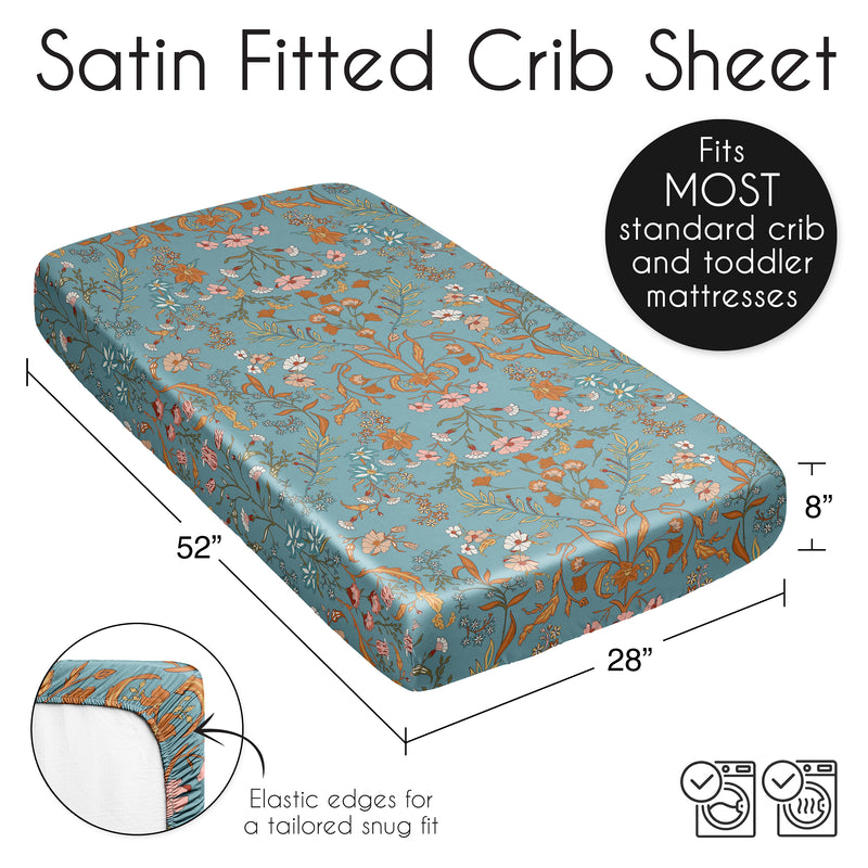 Boho Floral Wildflower Blue and Orange Collection Satin Fitted Crib Sheet