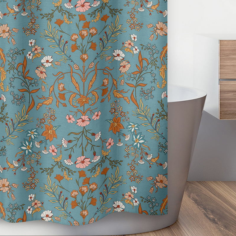 Boho Floral Wildflower Blue and Orange Collection Shower Curtain