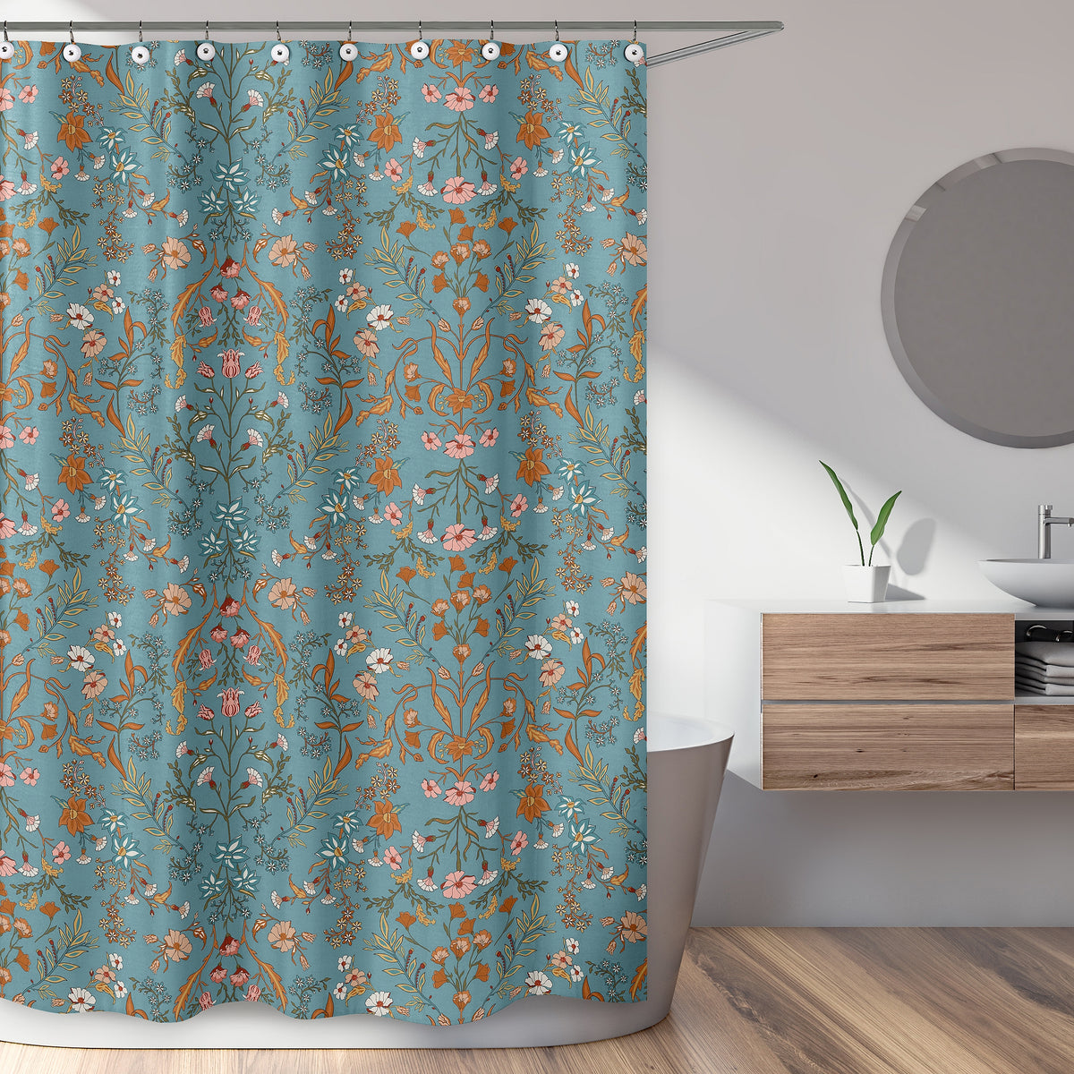 Boho Floral Wildflower Blue and Orange Collection Shower Curtain