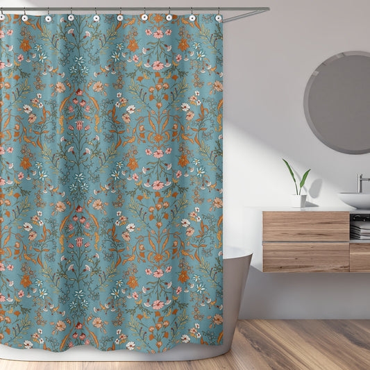 Boho Floral Wildflower Blue and Orange Collection Shower Curtain