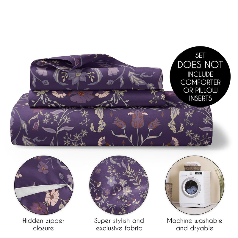 Boho Floral Wildflower Plum Purple Collection Queen Duvet Cover Bedding Set