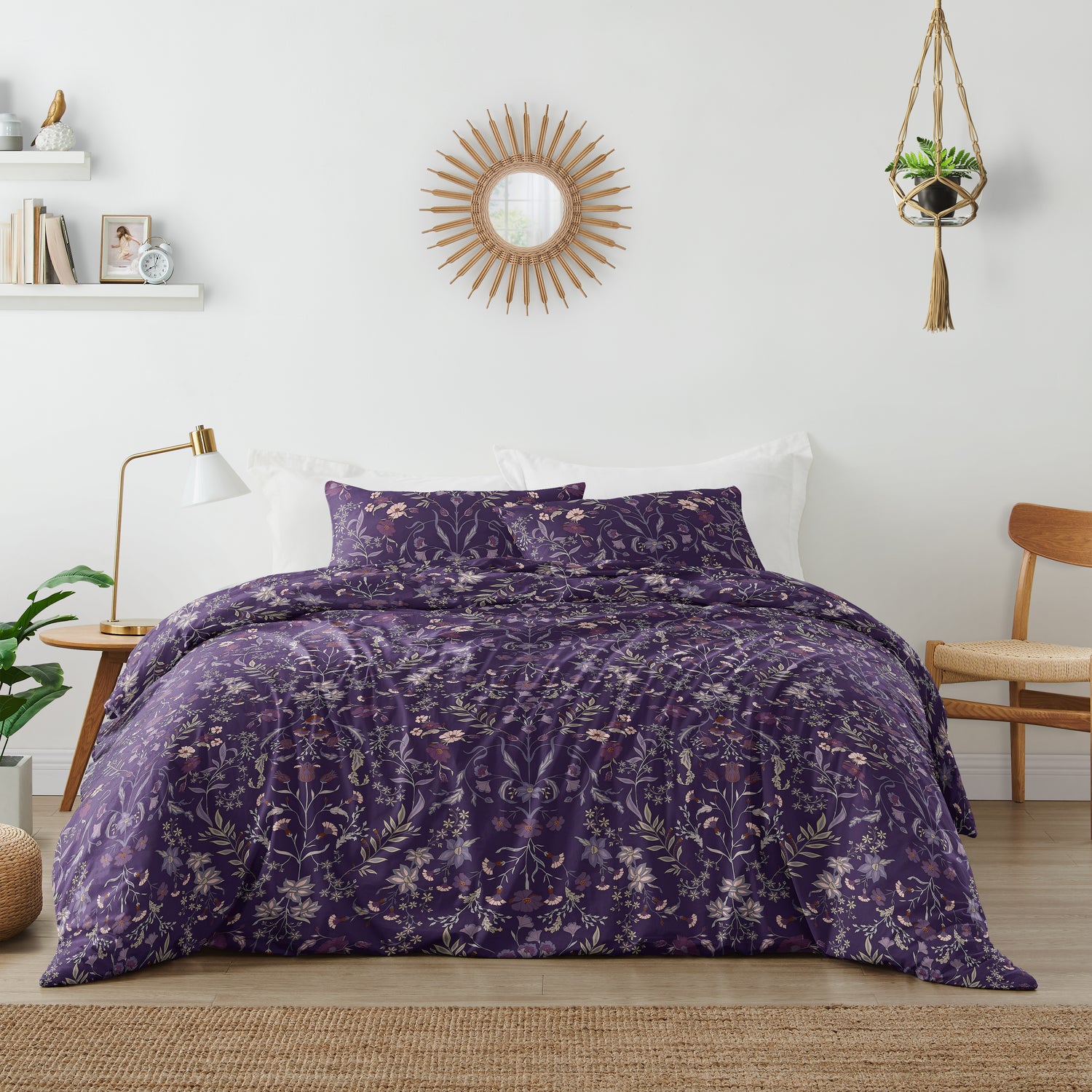 Boho Floral Wildflower Plum Purple Collection Queen Duvet Cover Bedding Set
