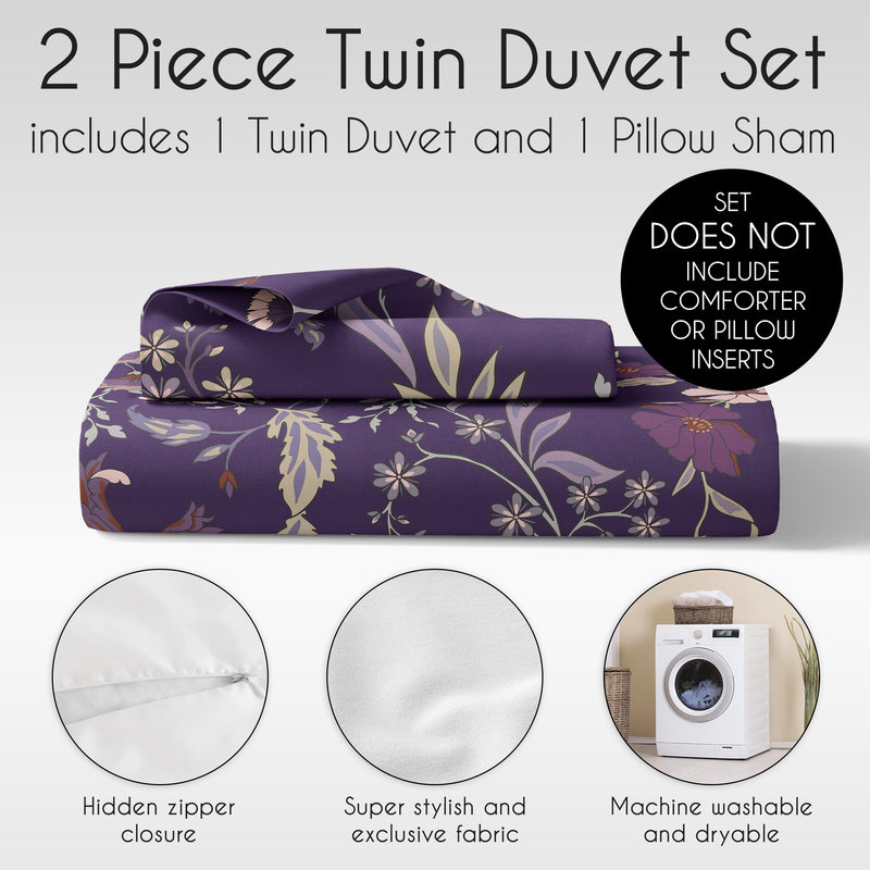 Boho Floral Wildflower Plum Purple Collection Twin Duvet Cover Bedding Set