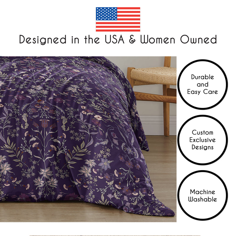 Boho Floral Wildflower Plum Purple Collection King Duvet Cover Bedding Set