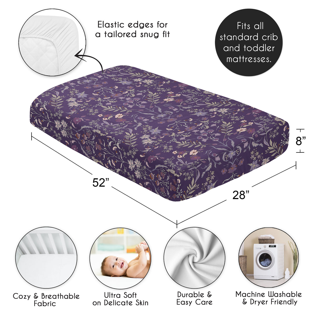 Boho Floral Wildflower Plum Purple Collection Crib Sheet
