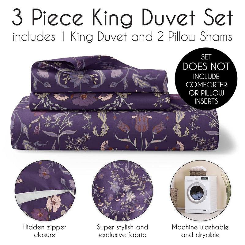 Boho Floral Wildflower Plum Purple Collection King Duvet Cover Bedding Set
