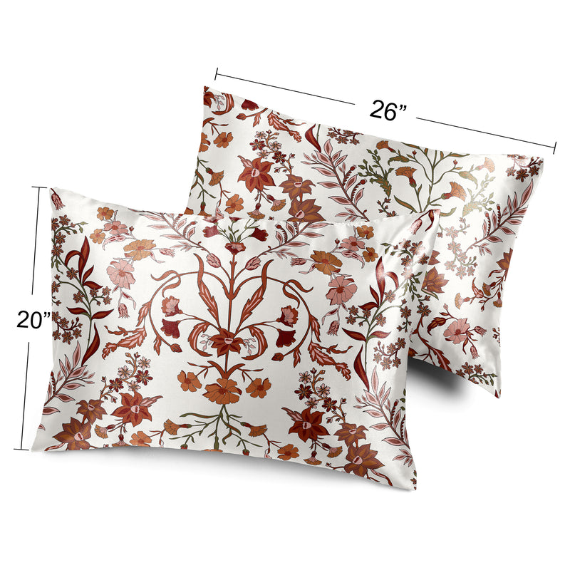 Boho Floral Wildflower Rust Orange and Ivory Collection Decorative Satin Pillowcases - 2 Pack Set