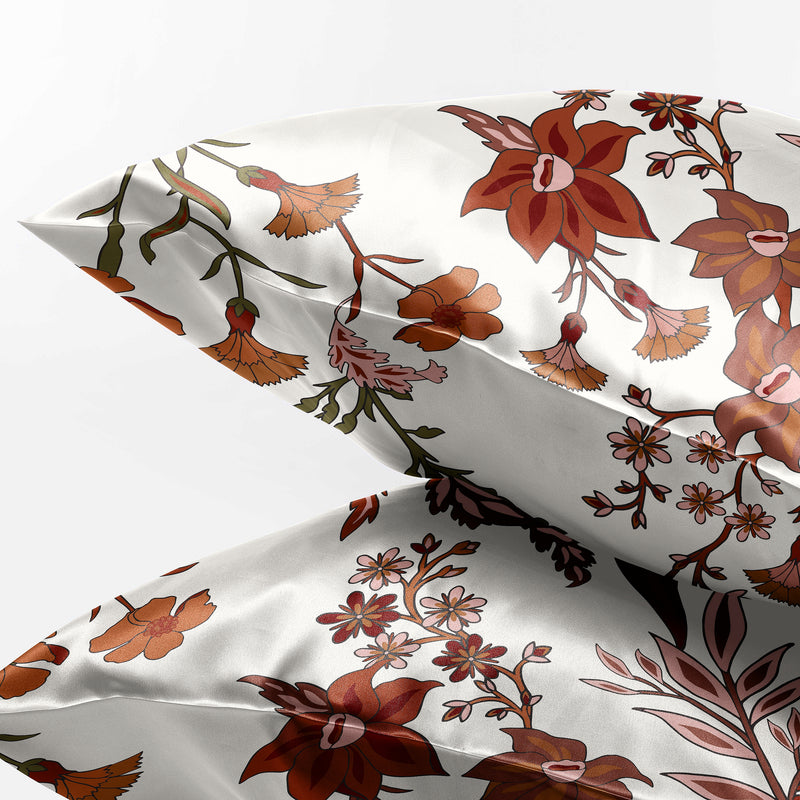 Boho Floral Wildflower Rust Orange and Ivory Collection Decorative Satin Pillowcases - 2 Pack Set
