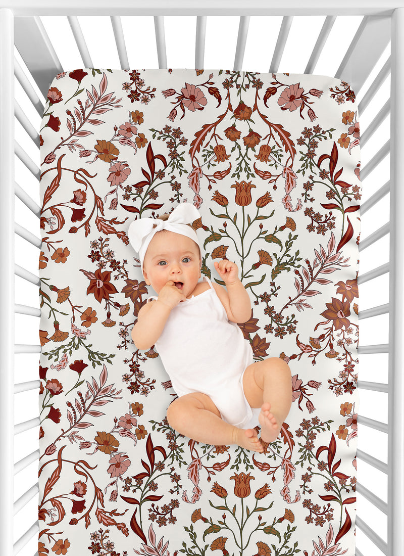 Boho Floral Wildflower Rust Orange and Ivory Collection Crib Sheet