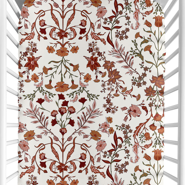Boho Floral Wildflower Rust Orange and Ivory Collection Crib Sheet