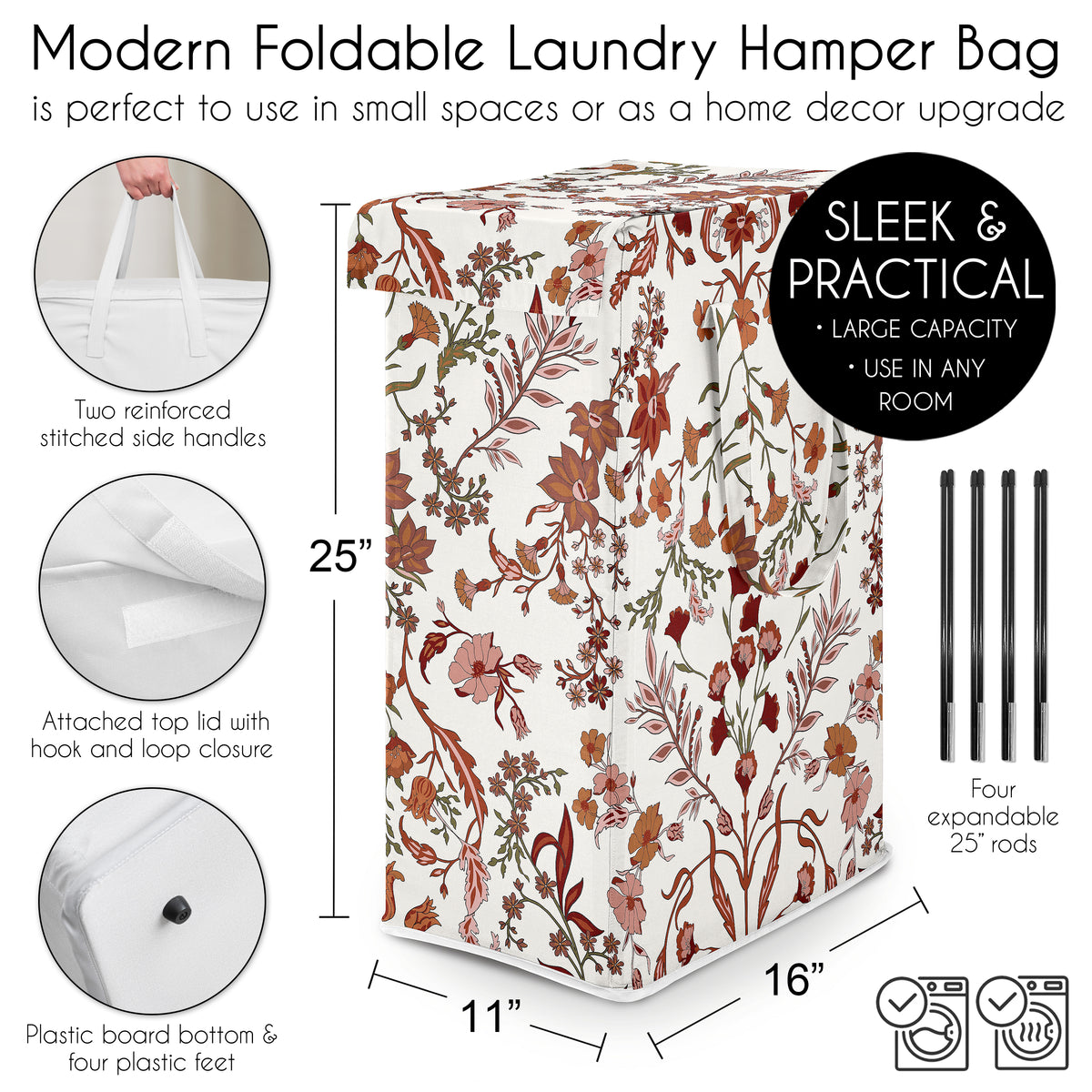 Boho Floral Wildflower Rust Orange and Ivory Collection Laundry Hamper with Handles